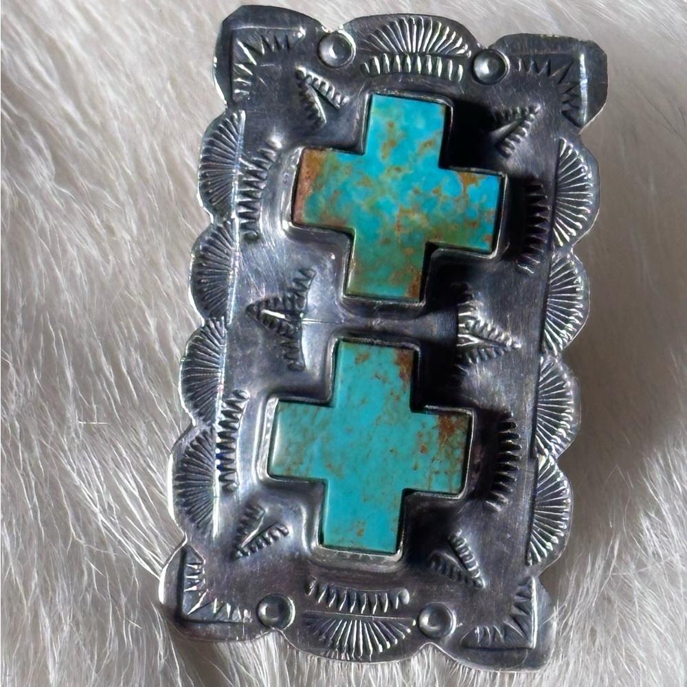Vintage Native American Sterling Turquoise Signed Ring Adjustable Heavy 19 Grams